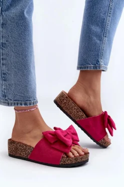 Damskie Klapki Na Korkowej Platformie Z Kokardą Fuksja Tarena