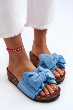 Damskie Klapki Na Korkowej Platformie Z Kokardą Niebieskie Tarena