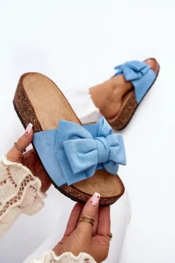 Damskie Klapki Na Korkowej Platformie Z Kokardą Niebieskie Tarena