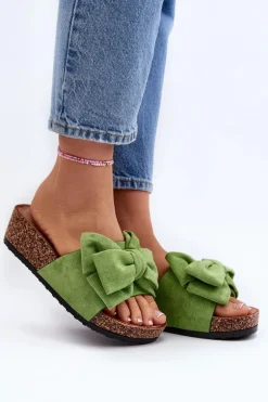 Damskie Klapki Na Korkowej Platformie Z Kokardą Zielone Tarena