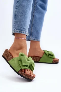 Damskie Klapki Na Korkowej Platformie Z Kokardą Zielone Tarena