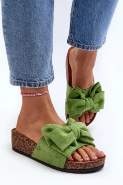 Damskie Klapki Na Korkowej Platformie Z Kokardą Zielone Tarena