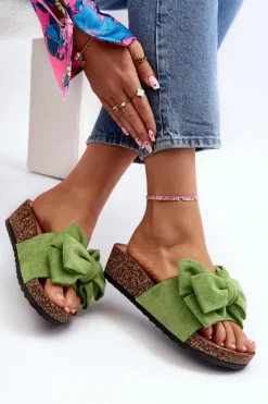 Damskie Klapki Na Korkowej Platformie Z Kokardą Zielone Tarena