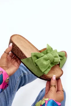 Damskie Klapki Na Korkowej Platformie Z Kokardą Zielone Tarena