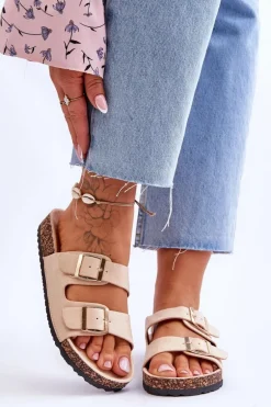 Damskie Klapki Na Korkowej Platformie Z Paskami Beżowe Doretta