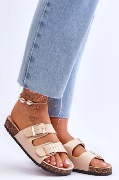 Damskie Klapki Na Korkowej Platformie Z Paskami Beżowe Doretta