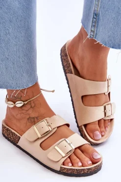 Damskie Klapki Na Korkowej Platformie Z Paskami Beżowe Doretta