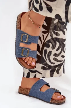 Damskie Klapki Na Korkowej Platformie Z Klamrami Ciemny Jeans Vesina