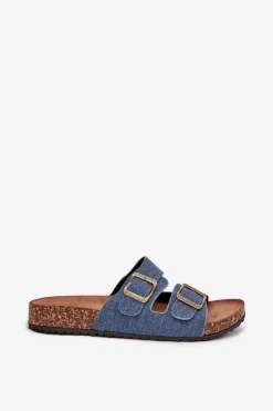 Damskie Klapki Na Korkowej Platformie Z Klamrami Ciemny Jeans Vesina