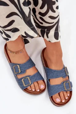 Damskie Klapki Na Korkowej Platformie Z Klamrami Ciemny Jeans Vesina