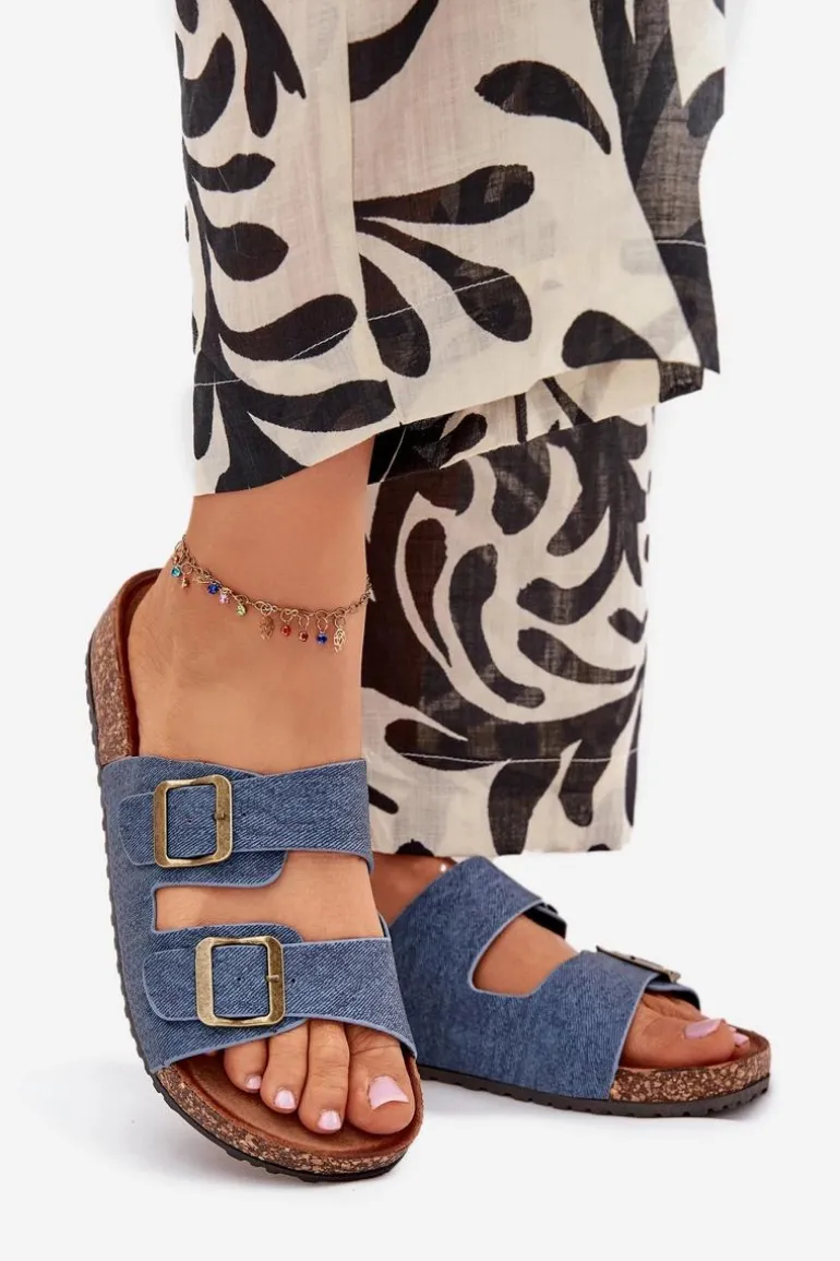 Damskie Klapki Na Korkowej Platformie Z Klamrami Ciemny Jeans Vesina