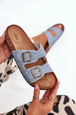 Damskie Klapki Na Korkowej Platformie Z Klamrami Jasny Jeans Vesina