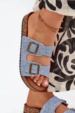 Damskie Klapki Na Korkowej Platformie Z Klamrami Jasny Jeans Vesina