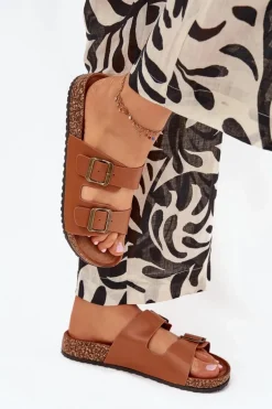 Damskie Klapki Na Korkowej Platformie Z Klamrami Camel Vesina