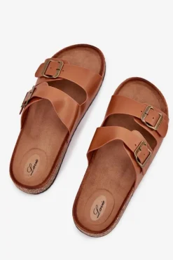 Damskie Klapki Na Korkowej Platformie Z Klamrami Camel Vesina