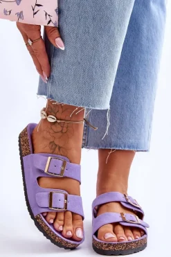 Damskie Klapki Na Korkowej Platformie Z Paskami Fioletowe Doretta