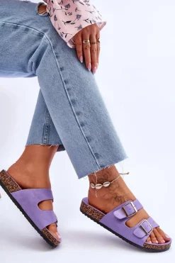 Damskie Klapki Na Korkowej Platformie Z Paskami Fioletowe Doretta