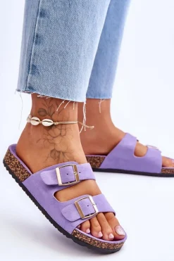 Damskie Klapki Na Korkowej Platformie Z Paskami Fioletowe Doretta