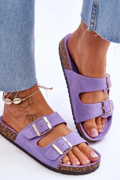 Damskie Klapki Na Korkowej Platformie Z Paskami Fioletowe Doretta