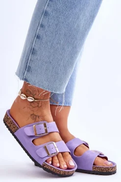 Damskie Klapki Na Korkowej Platformie Z Paskami Fioletowe Doretta