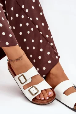 Damskie Klapki Na Korkowej Platformie Z Klamrami Białe Vesina