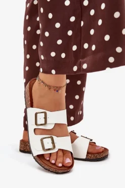 Damskie Klapki Na Korkowej Platformie Z Klamrami Białe Vesina