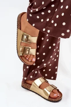 Damskie Klapki Na Korkowej Platformie Z Klamrami Złote Vesina