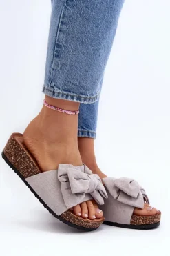 Damskie Klapki Na Korkowej Platformie Z Kokardą Szare Tarena