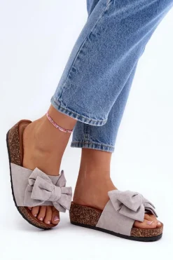 Damskie Klapki Na Korkowej Platformie Z Kokardą Szare Tarena