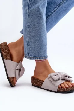 Damskie Klapki Na Korkowej Platformie Z Kokardą Szare Tarena