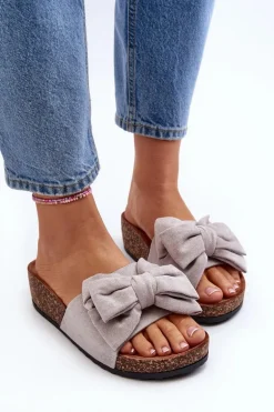 Damskie Klapki Na Korkowej Platformie Z Kokardą Szare Tarena