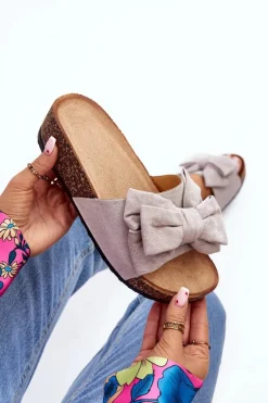 Damskie Klapki Na Korkowej Platformie Z Kokardą Szare Tarena