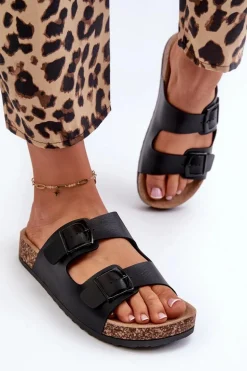 Damskie Klapki Na Korkowej Platformie Z Klamrami Czarne Klinesta