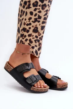 Damskie Klapki Na Korkowej Platformie Z Klamrami Czarne Klinesta