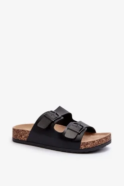 Damskie Klapki Na Korkowej Platformie Z Klamrami Czarne Klinesta