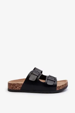 Damskie Klapki Na Korkowej Platformie Z Klamrami Czarne Klinesta