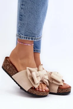 Damskie Klapki Na Korkowej Platformie Z Kokardą Beżowe Tarena