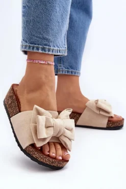 Damskie Klapki Na Korkowej Platformie Z Kokardą Beżowe Tarena