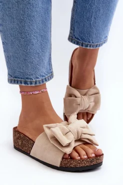 Damskie Klapki Na Korkowej Platformie Z Kokardą Beżowe Tarena