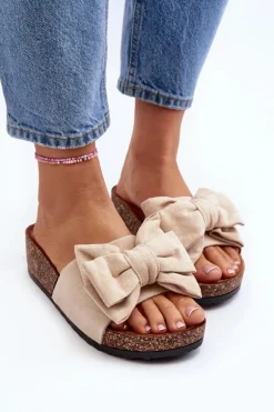 Damskie Klapki Na Korkowej Platformie Z Kokardą Beżowe Tarena