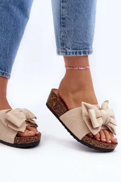 Damskie Klapki Na Korkowej Platformie Z Kokardą Beżowe Tarena