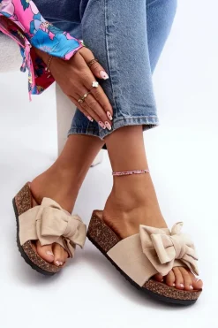 Damskie Klapki Na Korkowej Platformie Z Kokardą Beżowe Tarena