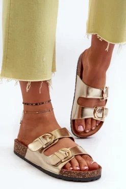 Damskie Klapki Na Korkowej Platformie Z Paskami Złote Doretta