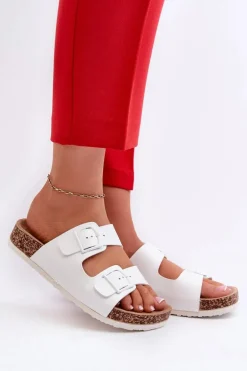 Damskie Klapki Na Korkowej Platformie Z Klamrami Białe Klinesta