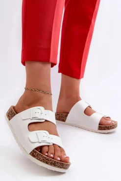 Damskie Klapki Na Korkowej Platformie Z Klamrami Białe Klinesta