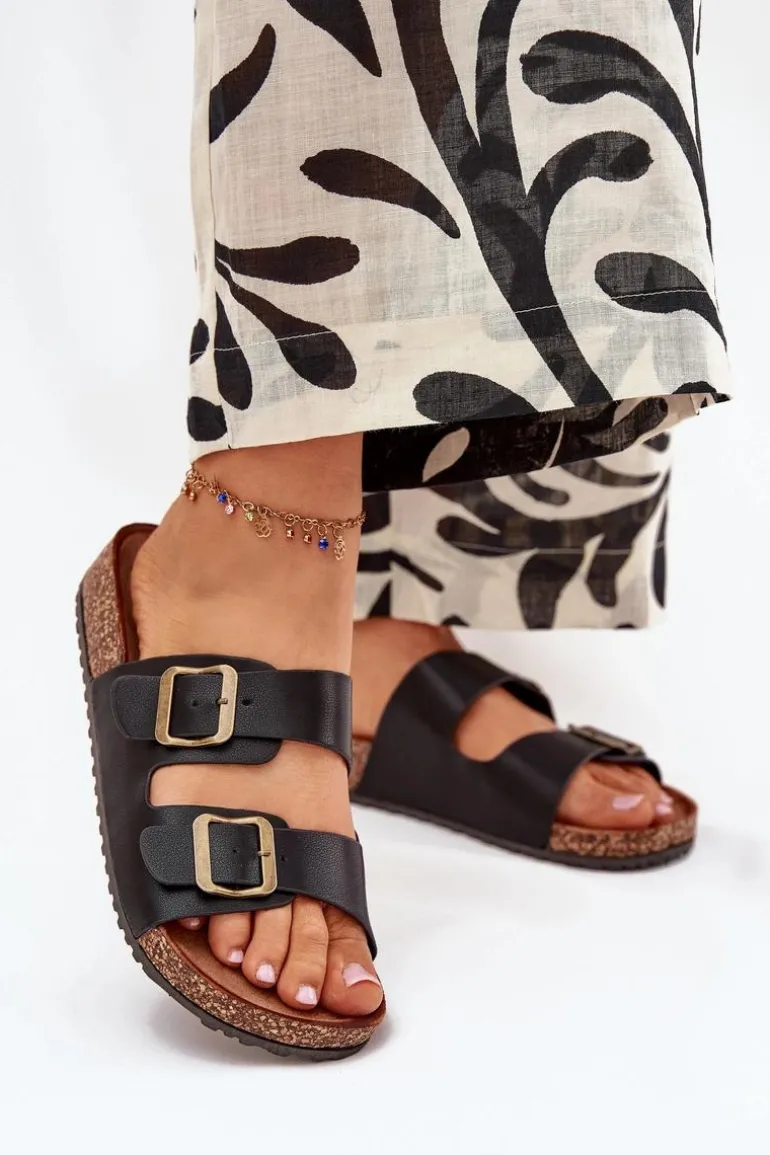 Damskie Klapki Na Korkowej Platformie Z Klamrami Czarne Vesina