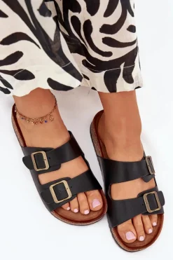 Damskie Klapki Na Korkowej Platformie Z Klamrami Czarne Vesina