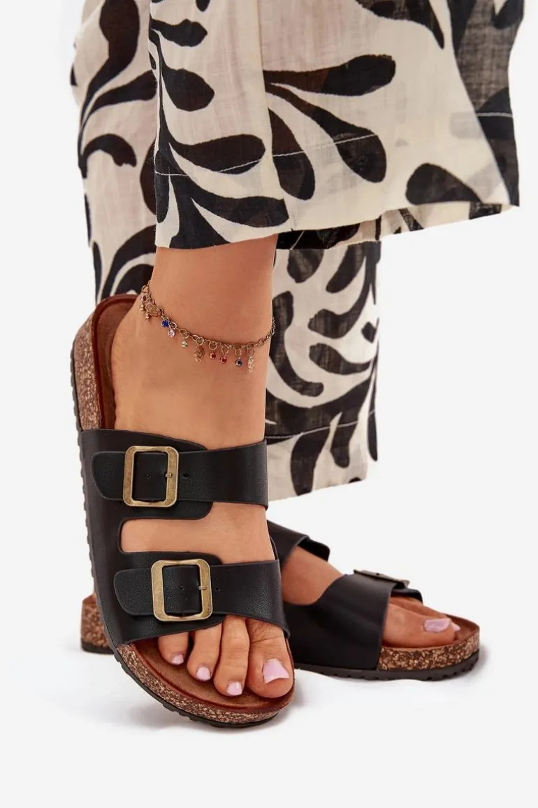 Damskie Klapki Na Korkowej Platformie Z Klamrami Czarne Vesina