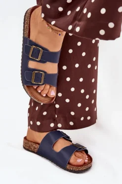 Damskie Klapki Na Korkowej Platformie Z Klamrami Granatowe Vesina