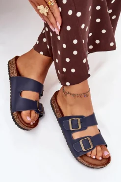 Damskie Klapki Na Korkowej Platformie Z Klamrami Granatowe Vesina